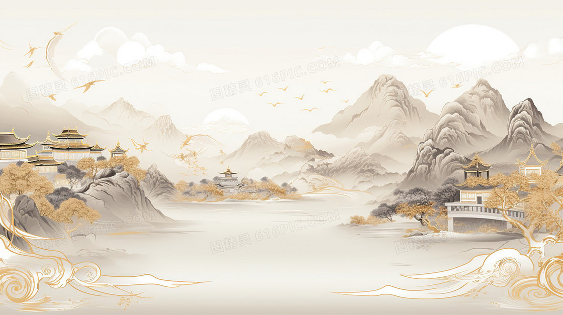 中国风鎏金山水古风背景