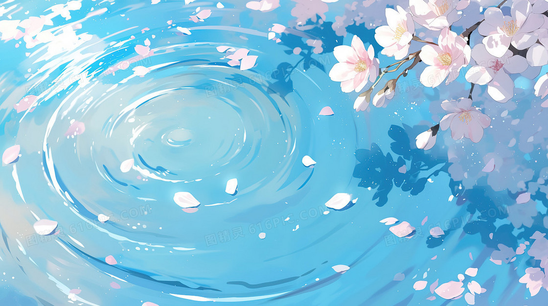 春天花瓣飞舞平静水面泛起波纹唯美背景图