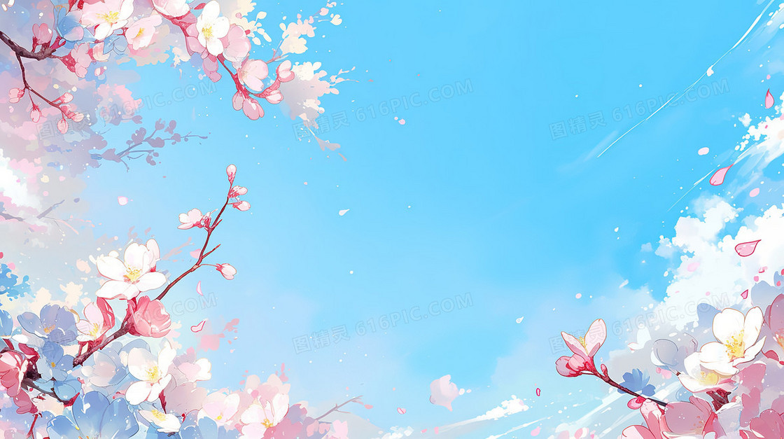 蓝天白云唯美粉色樱花春天背景图