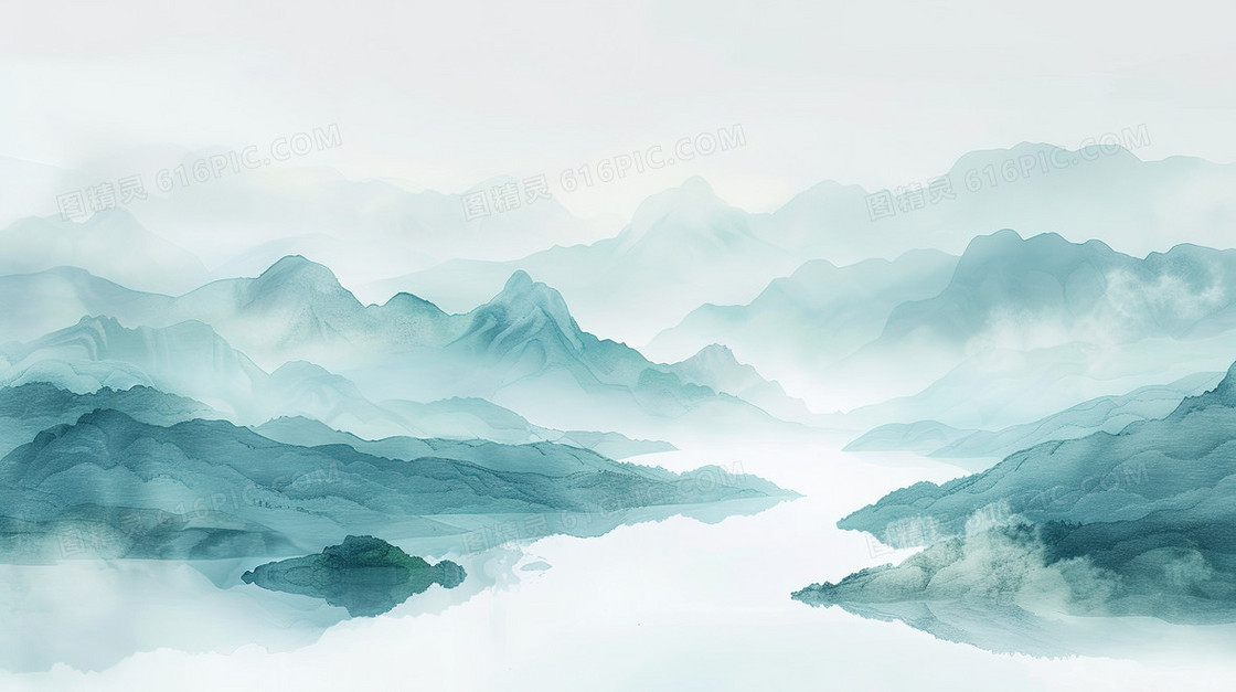 雾气朦胧水墨山川山水画背景图