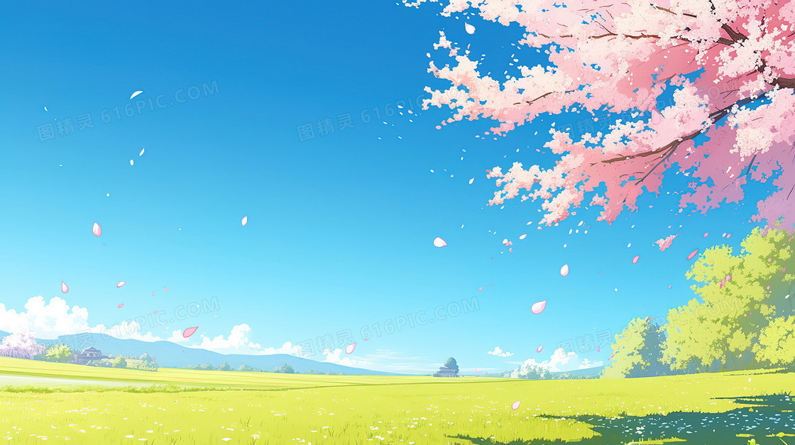 春天野外蓝天白云樱花草坪唯美背景图