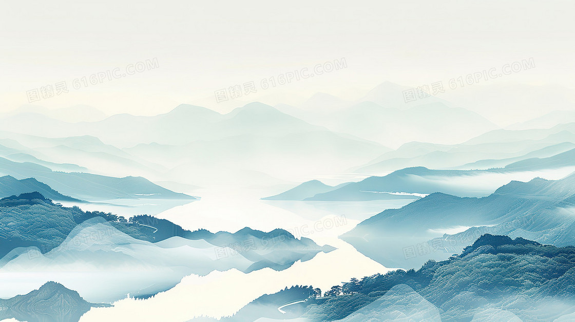 雾气朦胧水墨山川山水画背景图