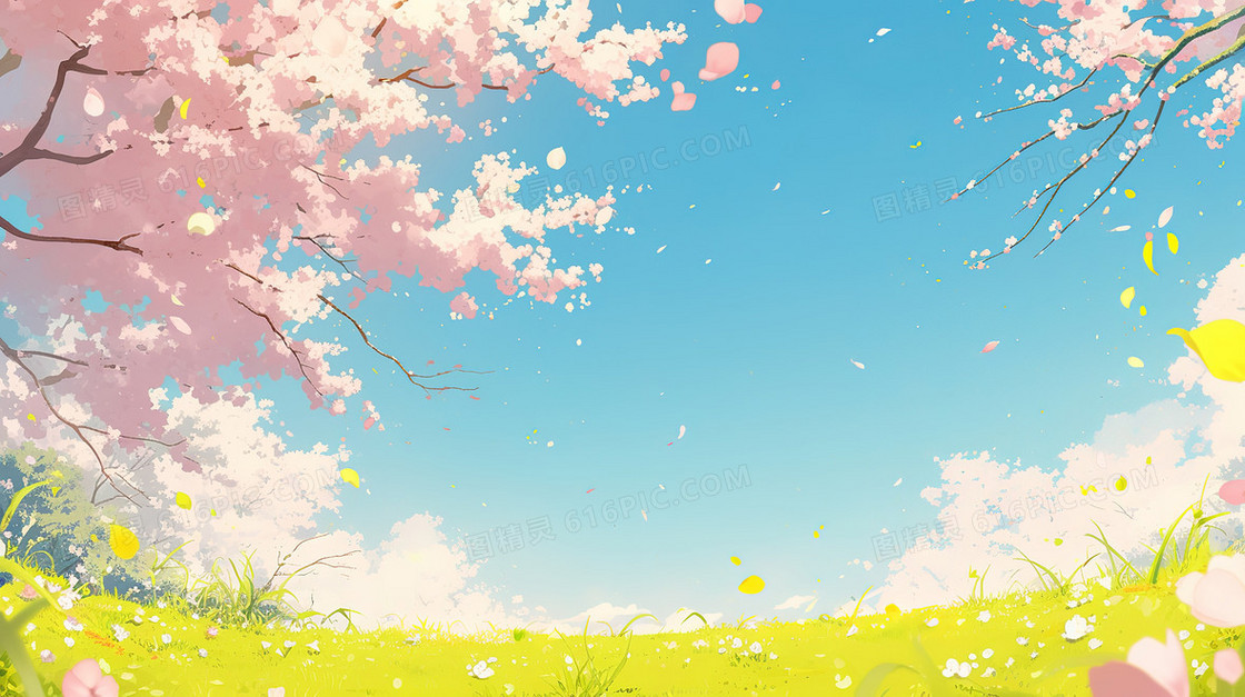 春天野外蓝天白云樱花草坪唯美背景图
