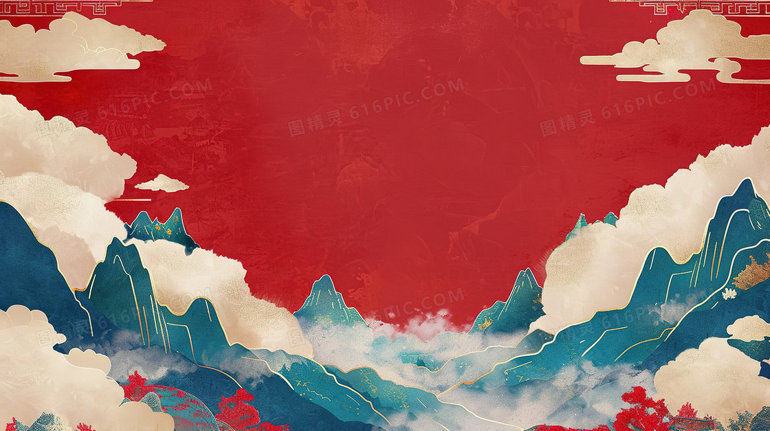 大气中国风国潮山水画鎏金撞色背景图