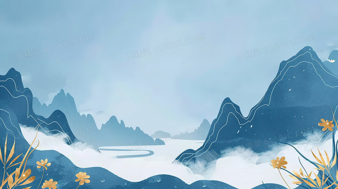 蓝色水墨山水描边背景