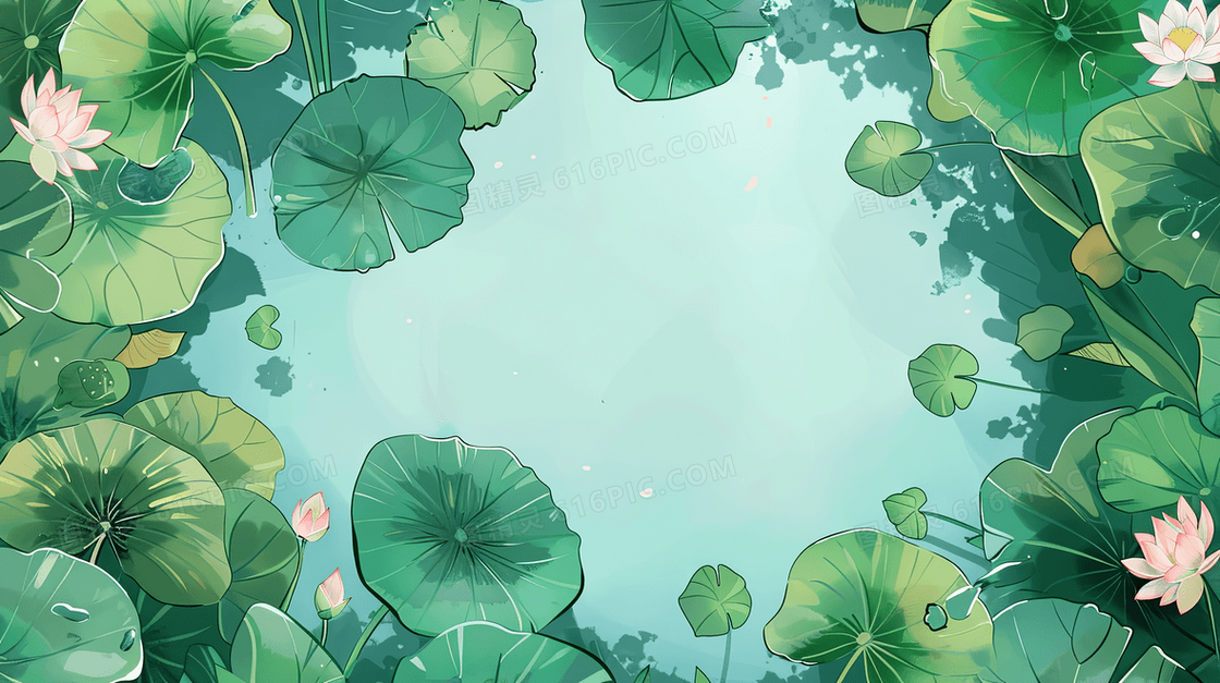 简约卡通夏日荷花边框背景