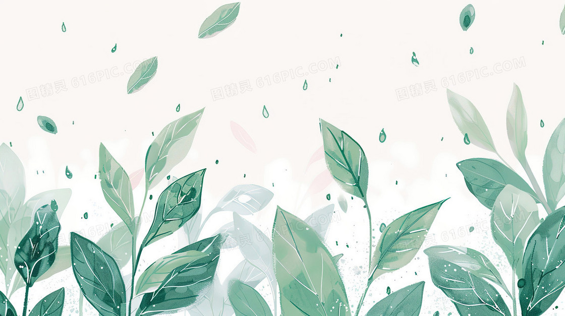春天雨滴树叶简约水彩手绘背景图