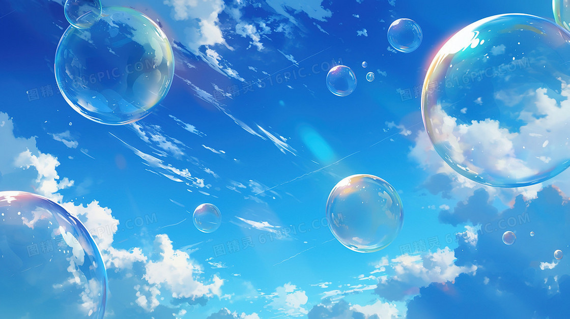 蓝色天空中漂浮的气泡背景
