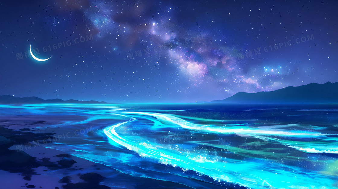 星光和银色新月洒在沙滩上唯美背景