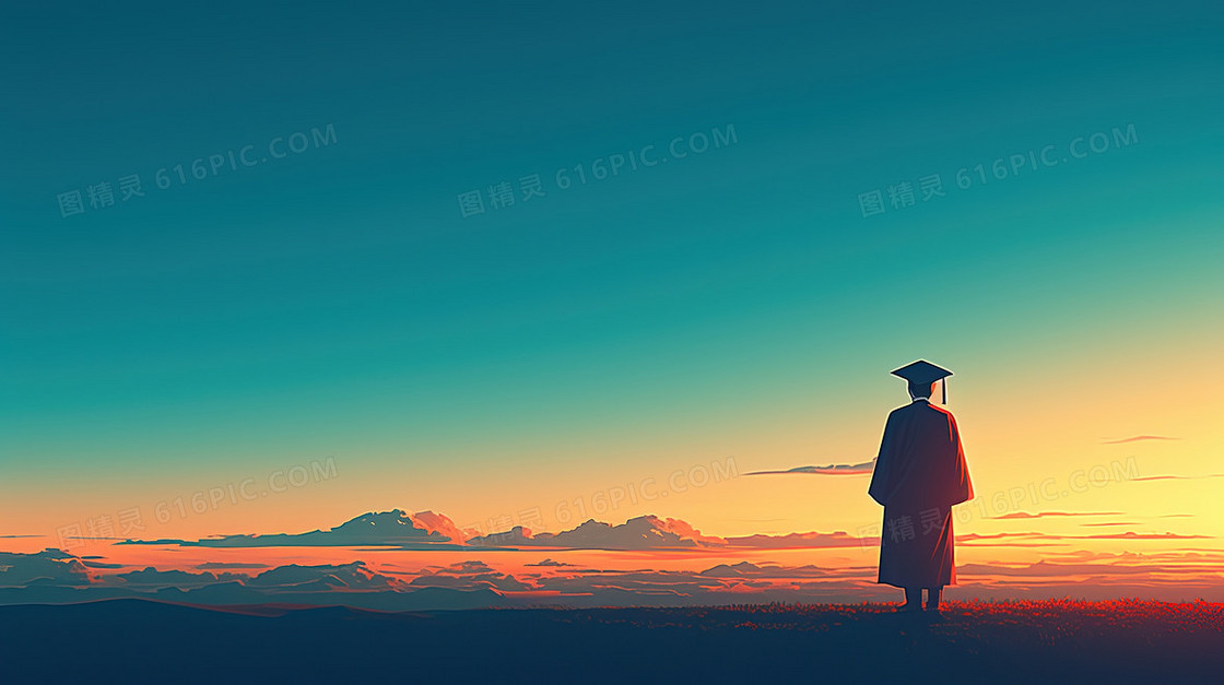 毕业季人物剪影夕阳背景