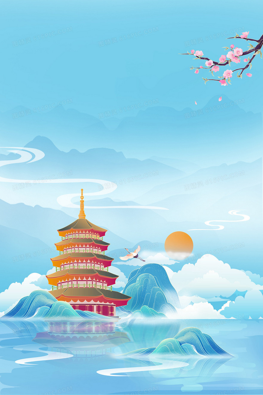 国潮风古建筑桃花合成背景