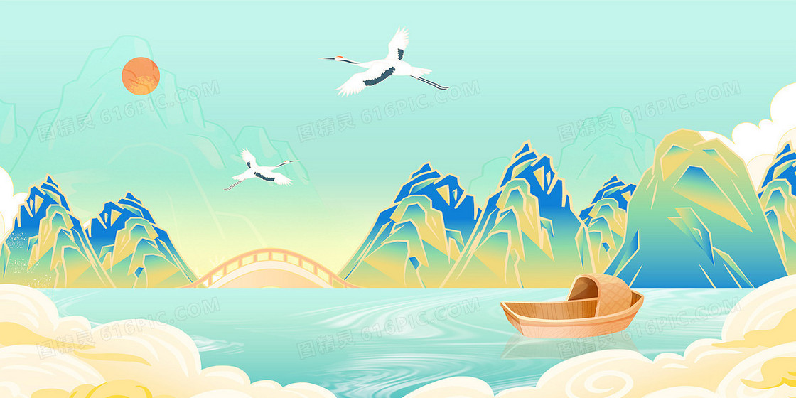 国潮山水船中国风背景