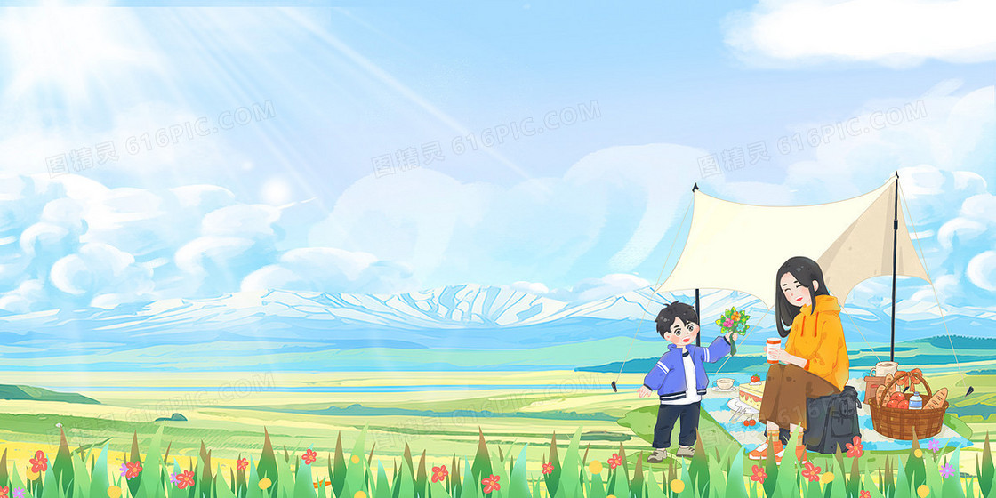 蓝天白云露营野餐背景