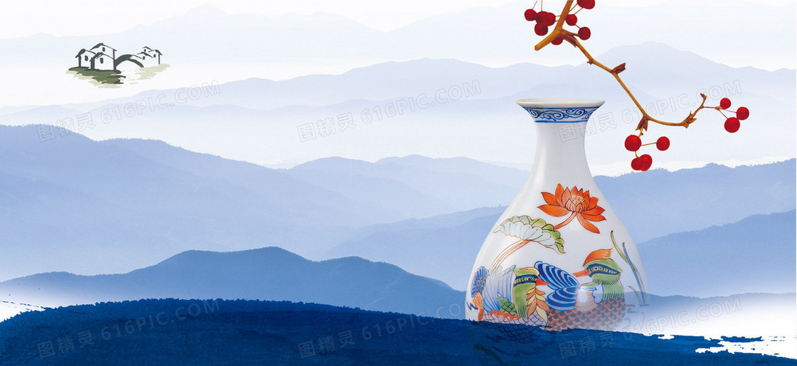 中国风山水画陶瓷背景banner