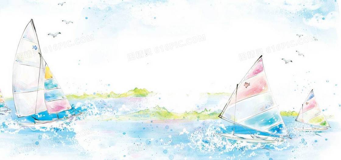 卡通水彩手绘帆船海浪背景banner