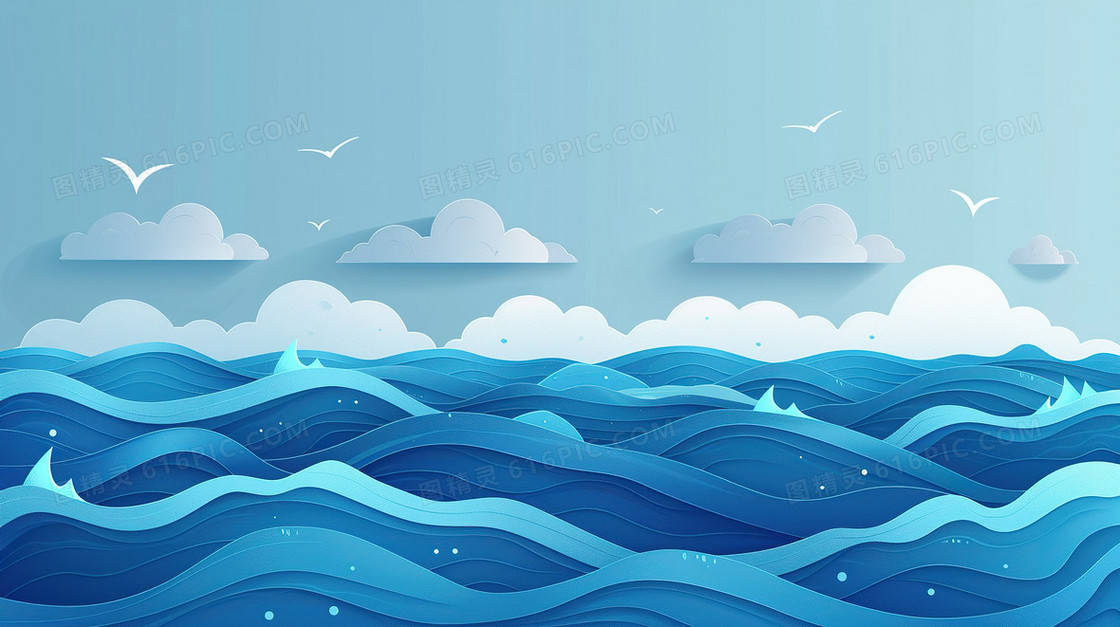 蓝色剪纸风海浪大海背景