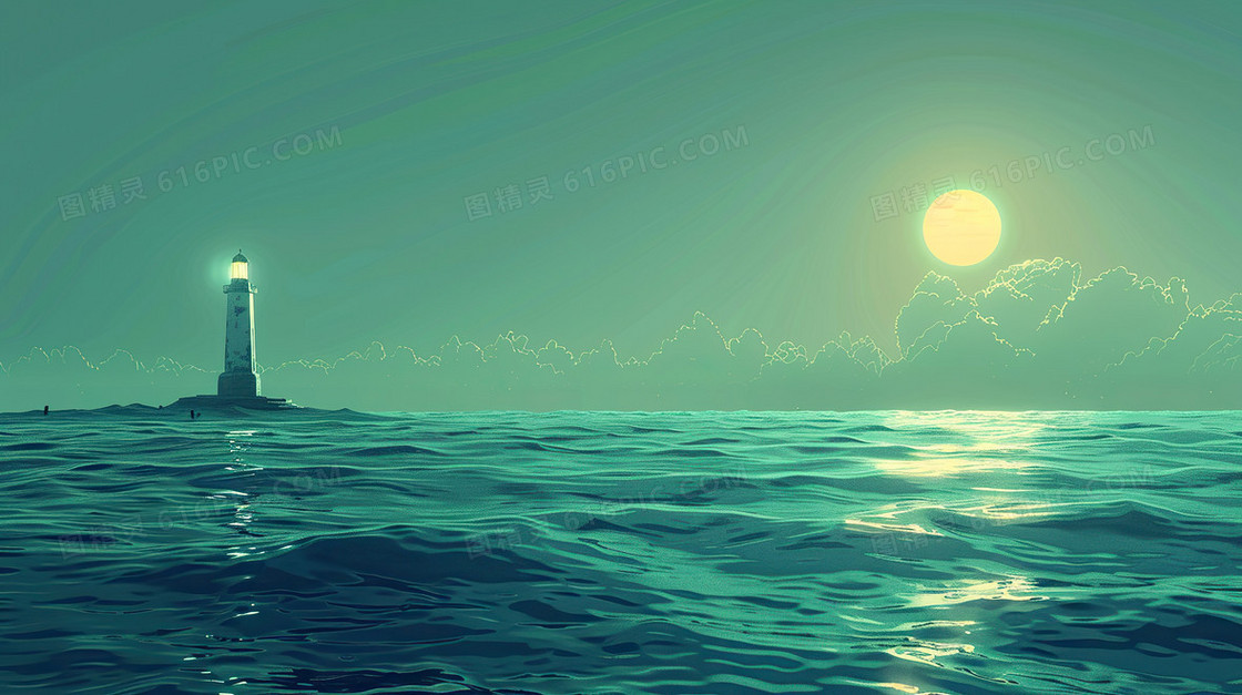 卡通绿色海浪大海灯塔背景