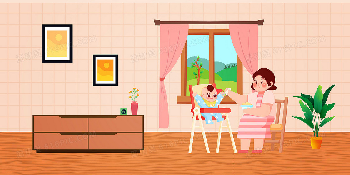 插画风母亲照顾婴儿背景