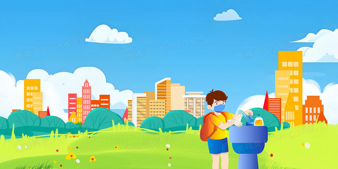 插画风讲卫生男孩洗手背景