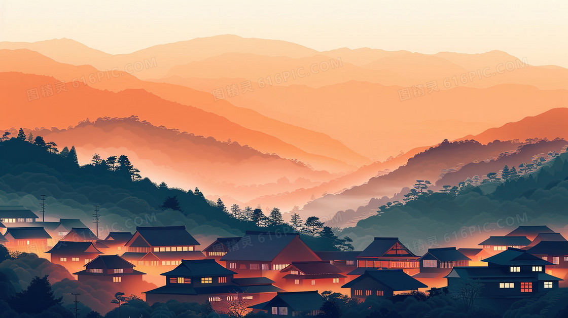 彩色乡村建筑房屋风景背景