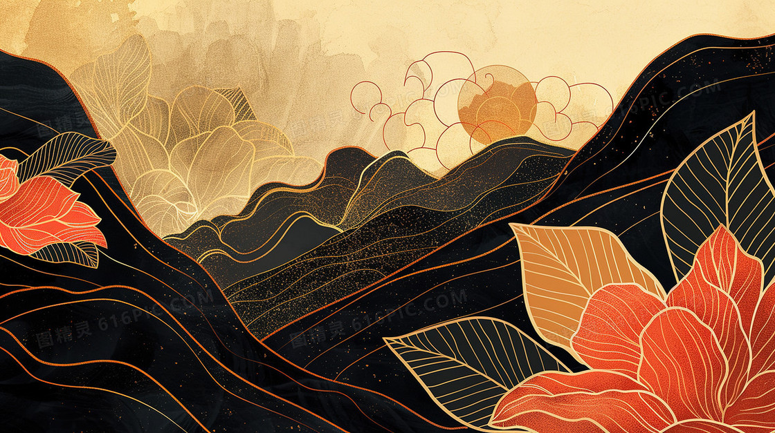 简易线条太阳山体植物背景