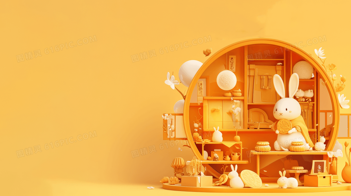 3d中秋节兔子和月饼背景