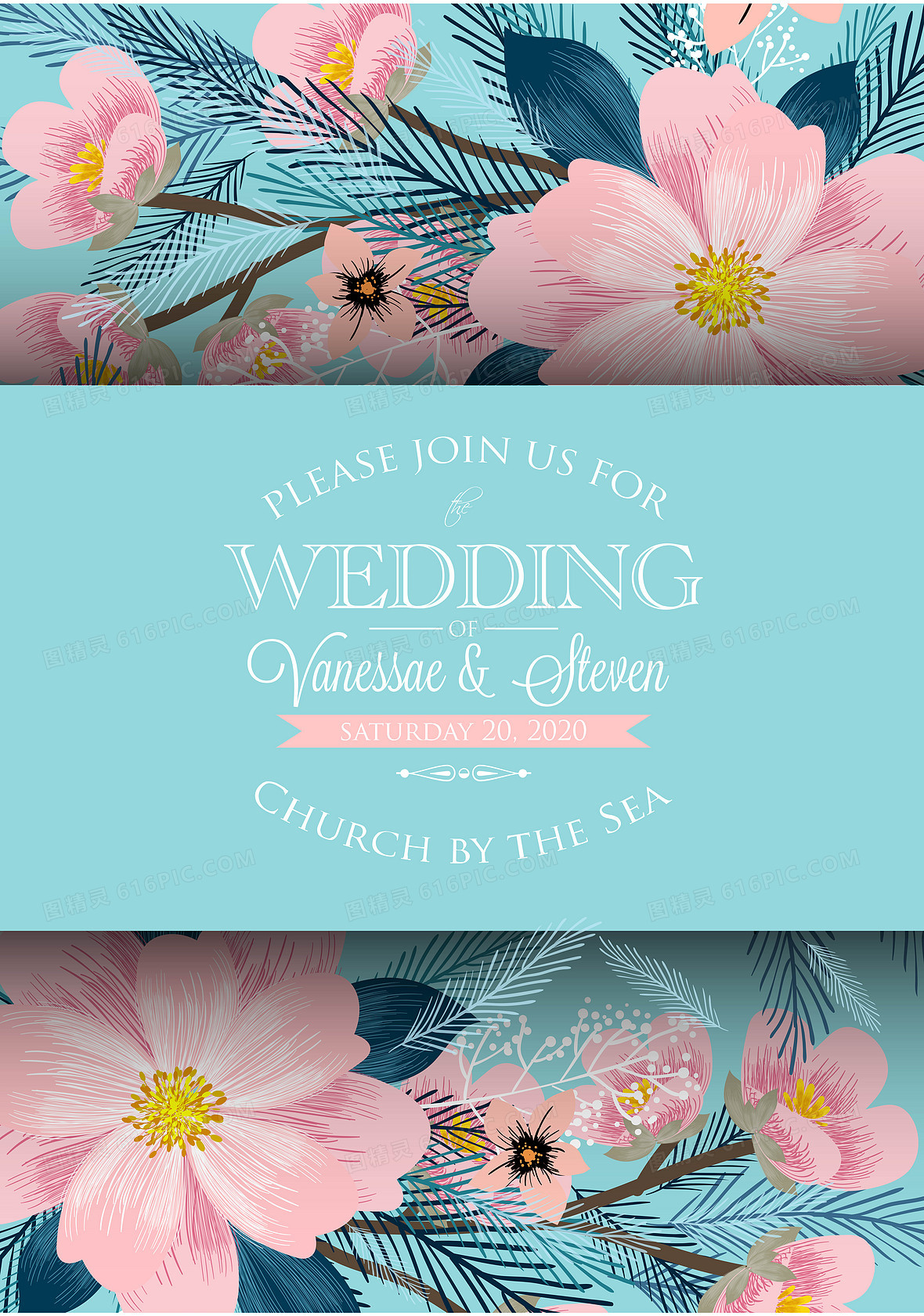 水彩植物花朵婚礼请贴矢量素材背景模板