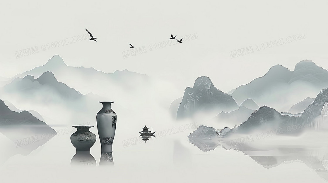 中式花瓶融入山水背景