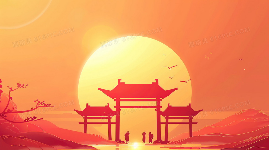 中国风夕阳建筑背景