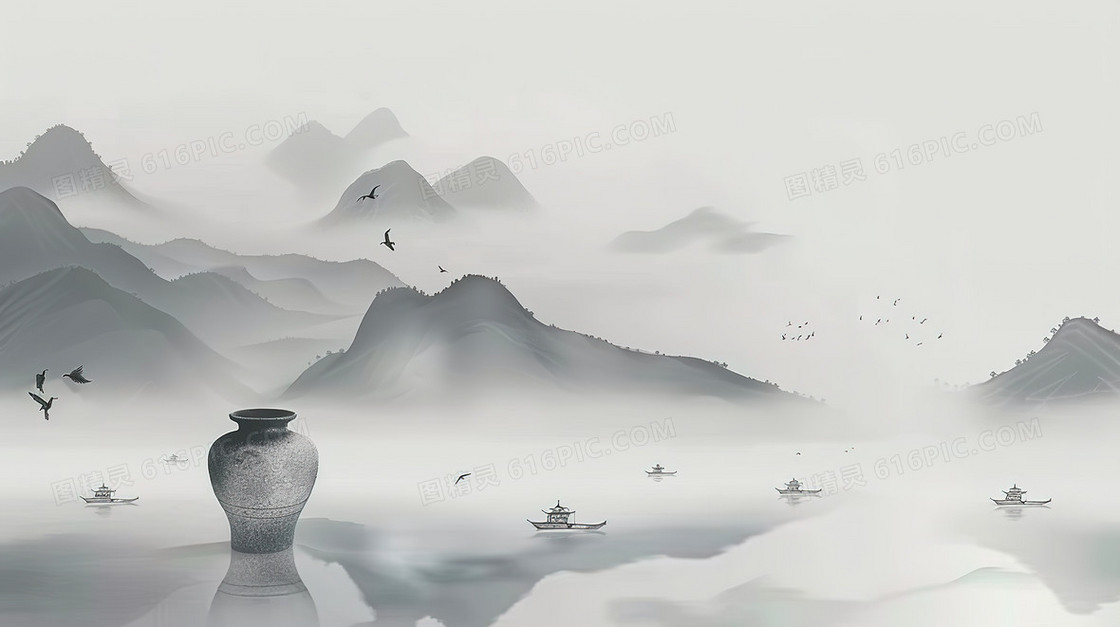 中式花瓶融入山水背景