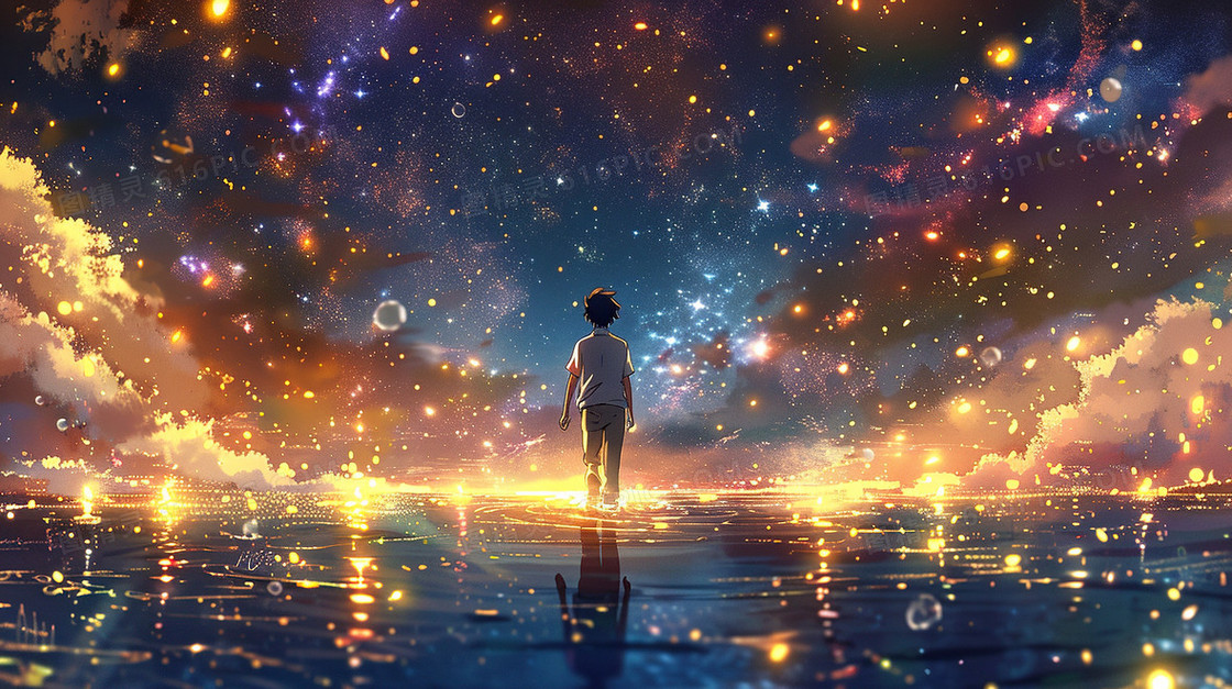 梦幻星空男孩唯美夜晚背景