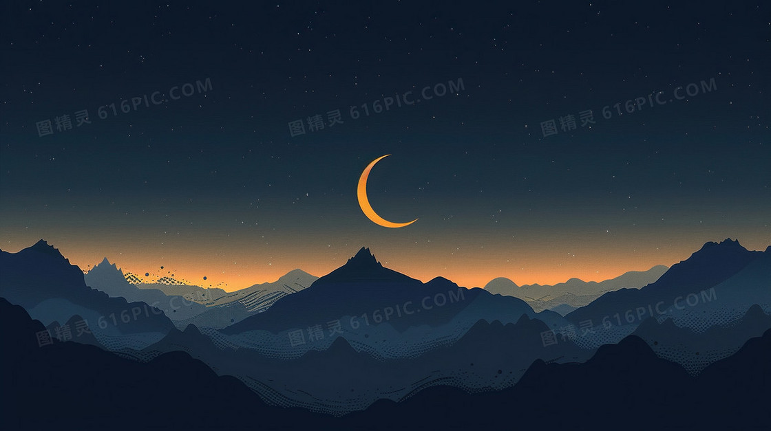 简约梦幻山月亮星空夜晚背景