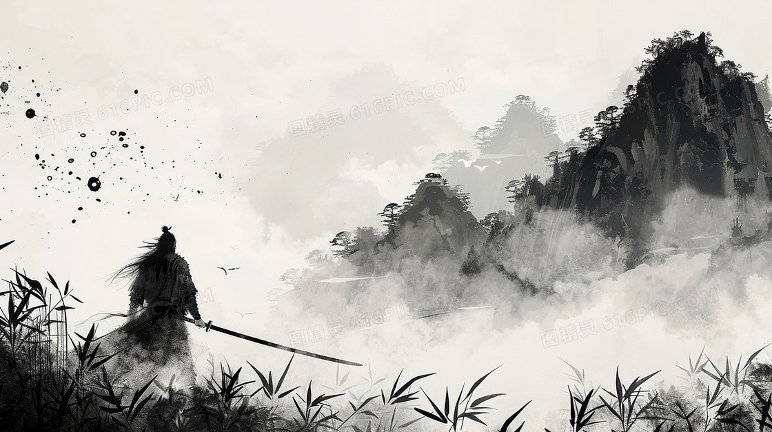 水墨山水中国风武侠人物背景