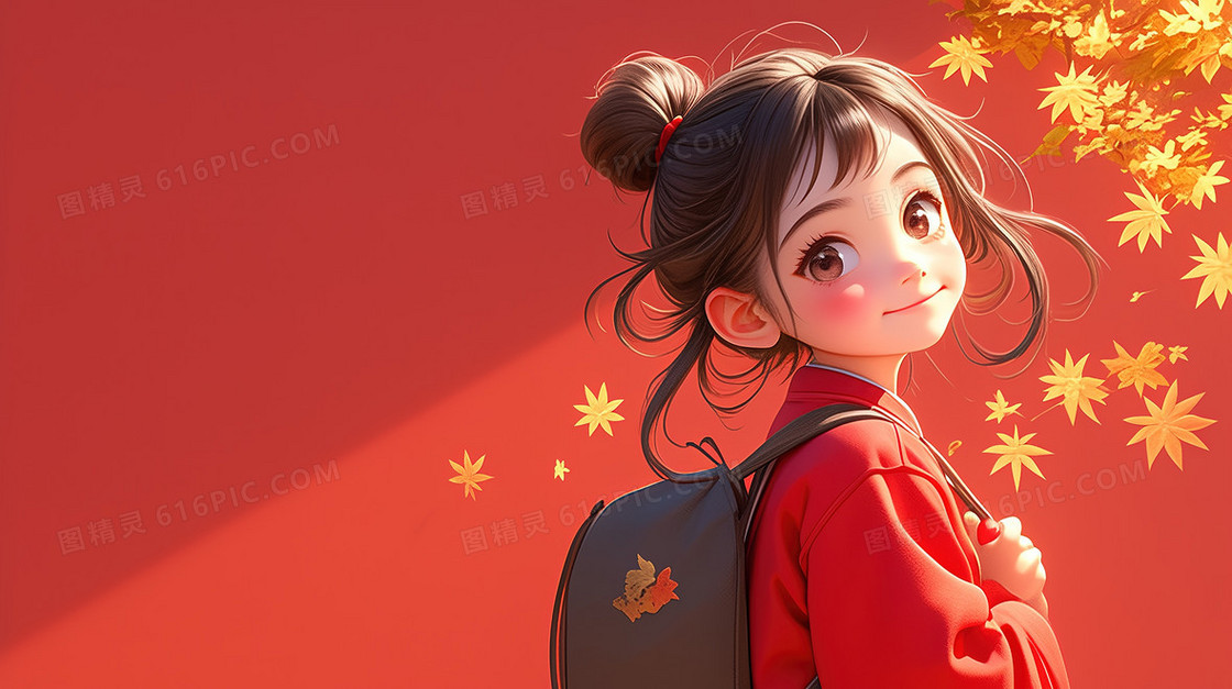 秋季落叶可爱学生背景图