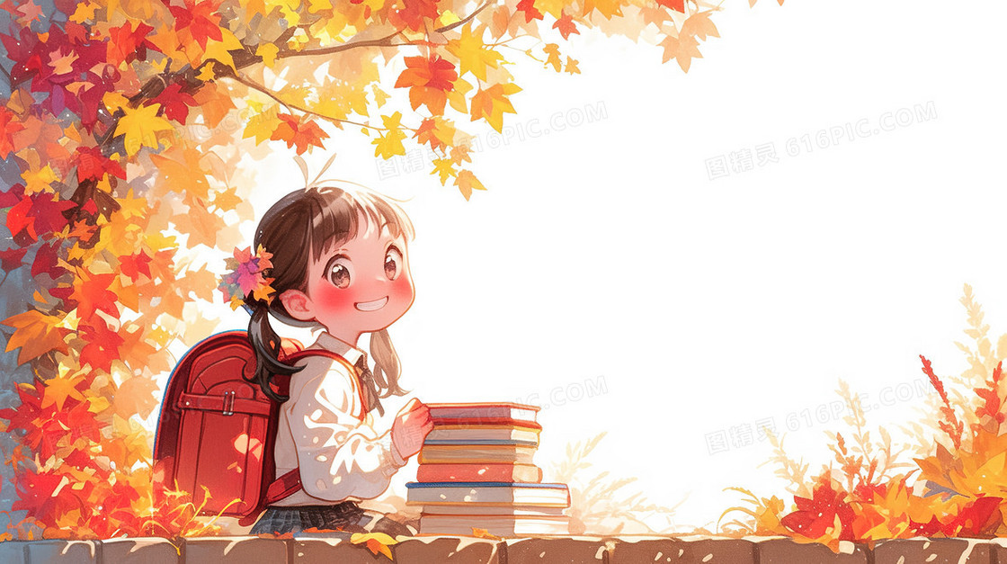 秋季落叶可爱学生背景图