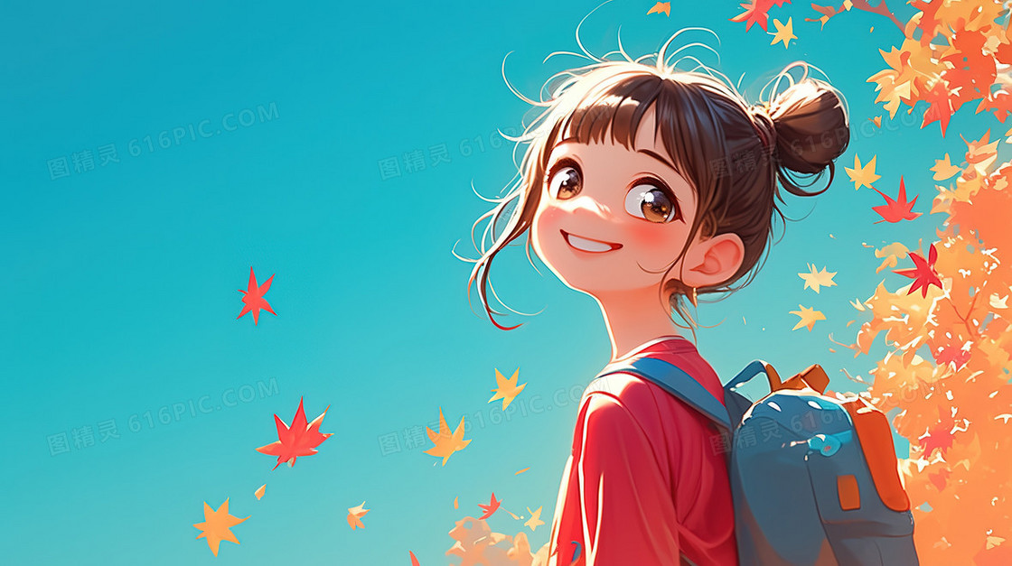 秋季落叶可爱学生背景图