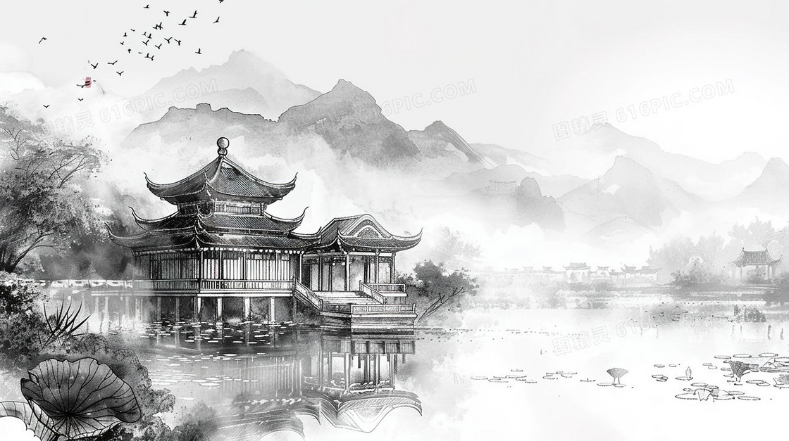 水墨风中国式建筑背景