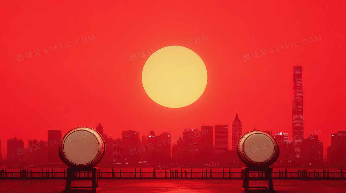 夕阳西下城市与战鼓背景