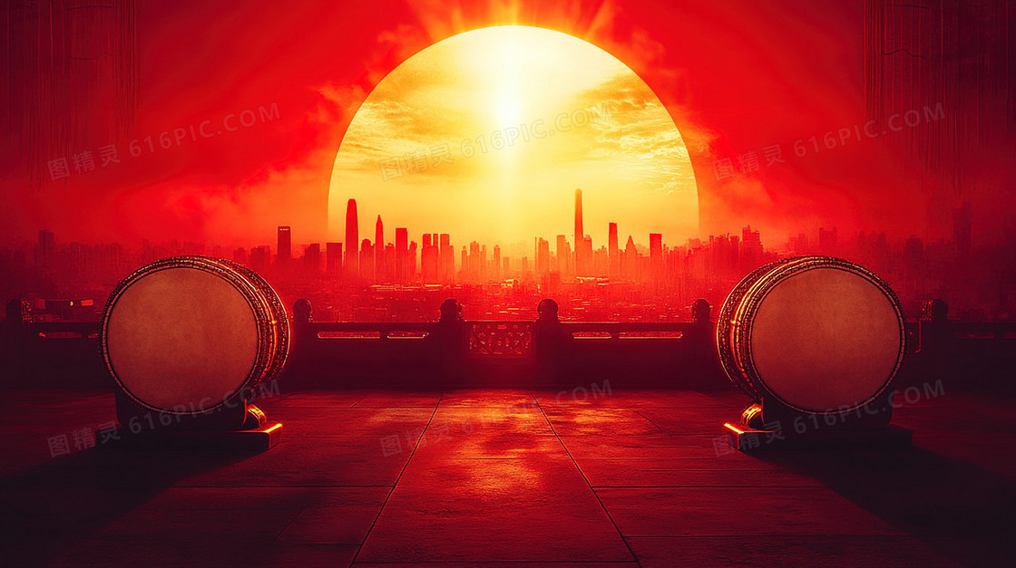 夕阳西下城市与战鼓背景