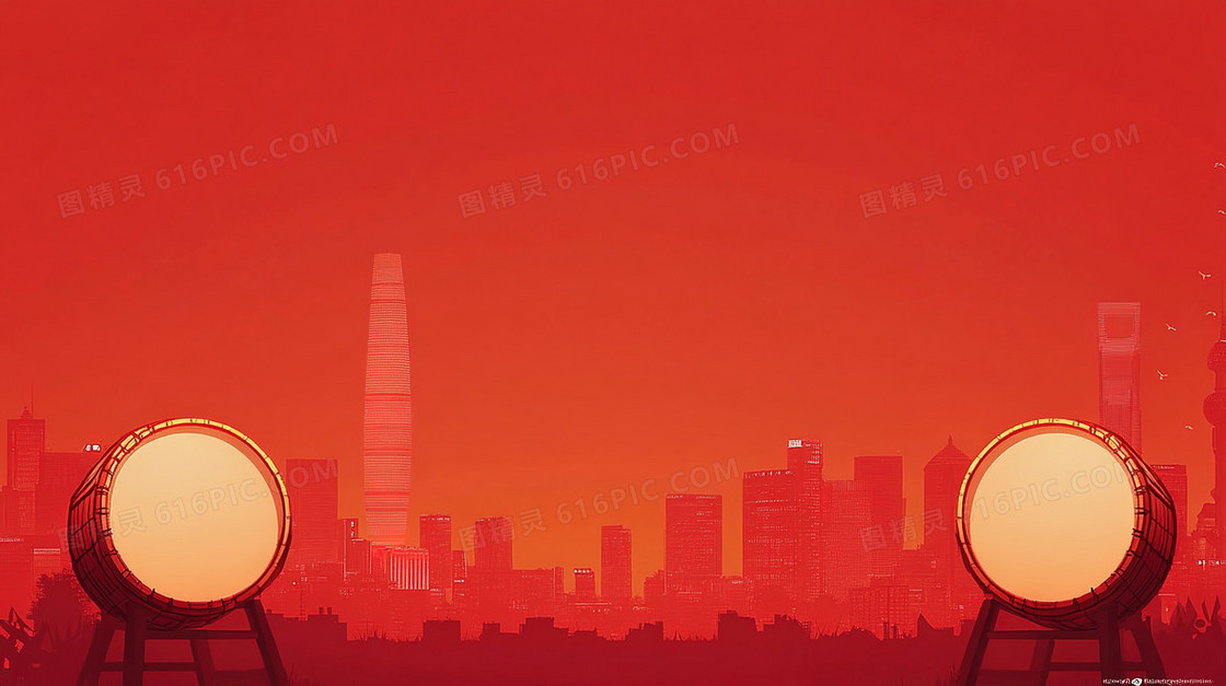 夕阳西下城市与战鼓背景