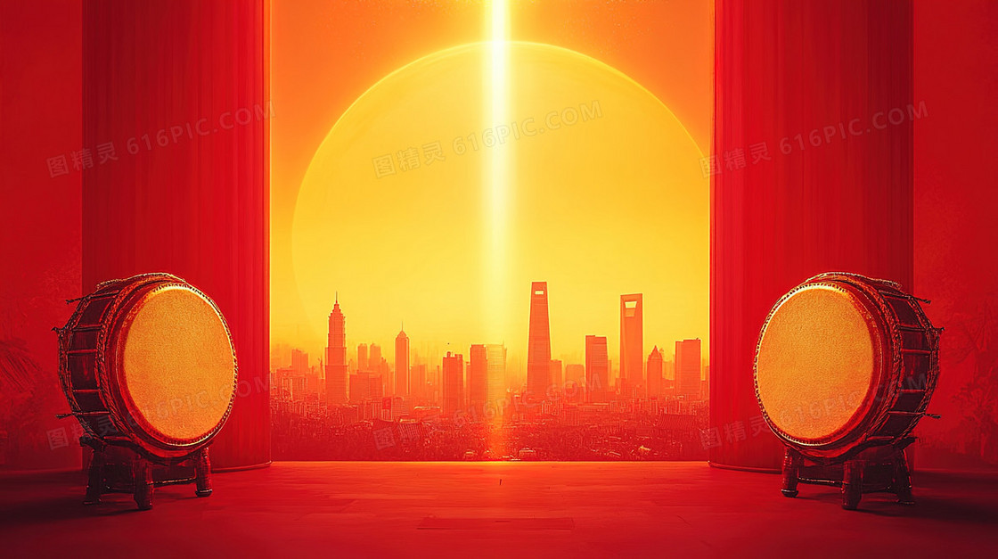 夕阳西下城市与战鼓背景