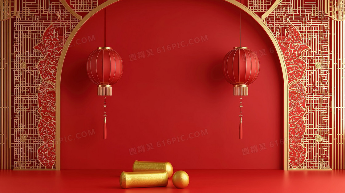 红色3D立体春节灯笼背景
