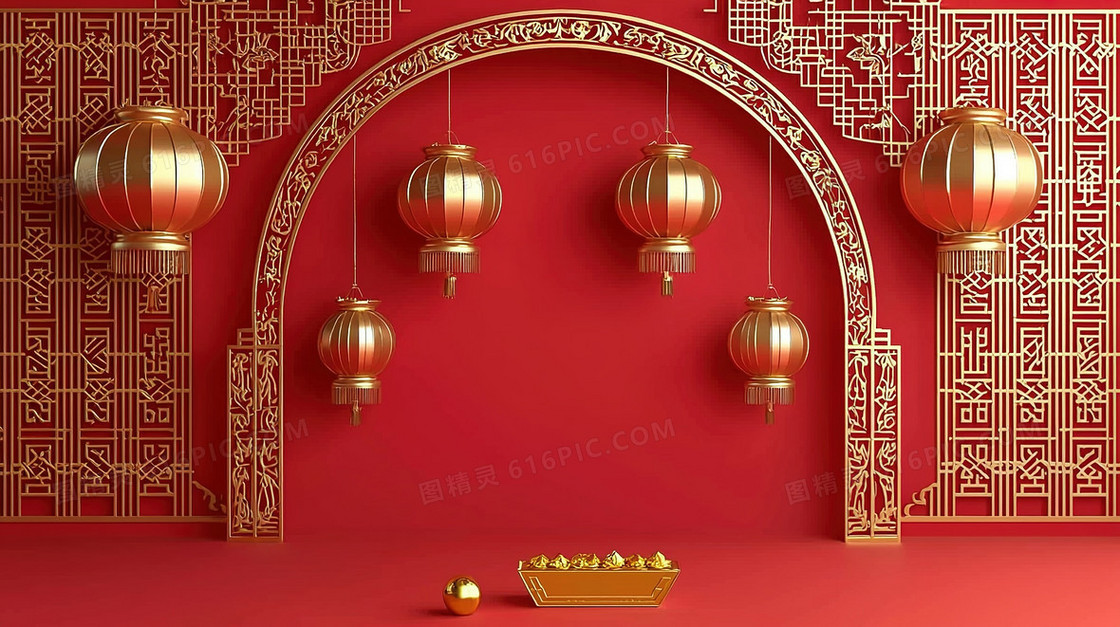 红色3D立体春节灯笼背景