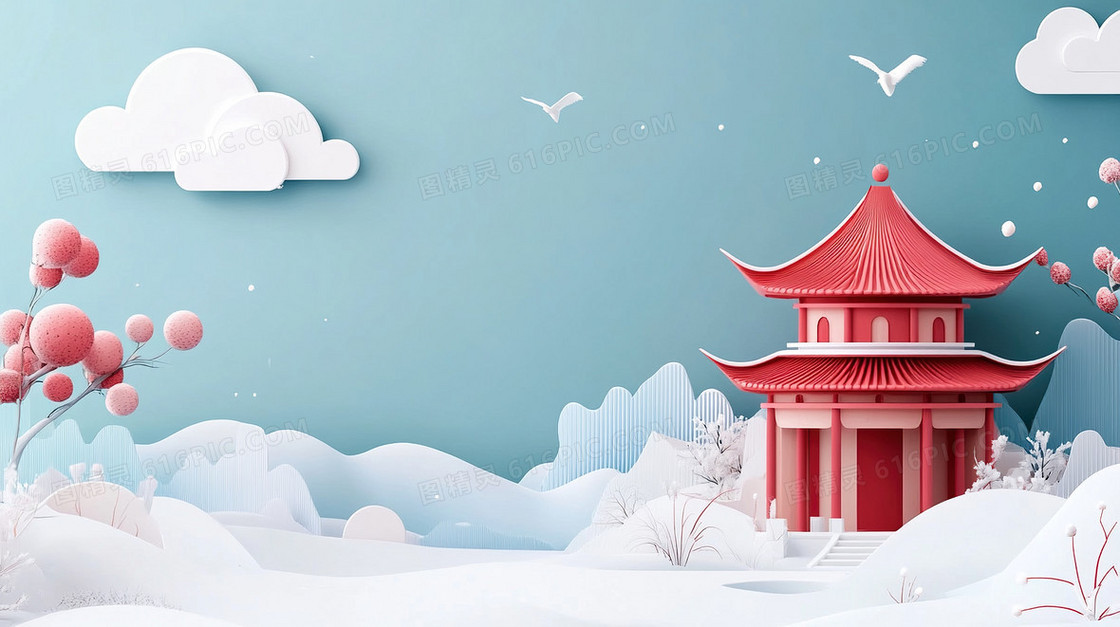 中国风冬天雪景简约背景