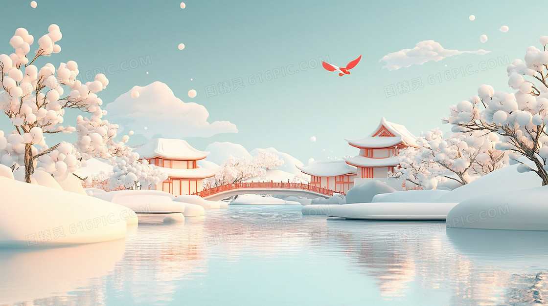 冬天C4D中国风雪景简约背景