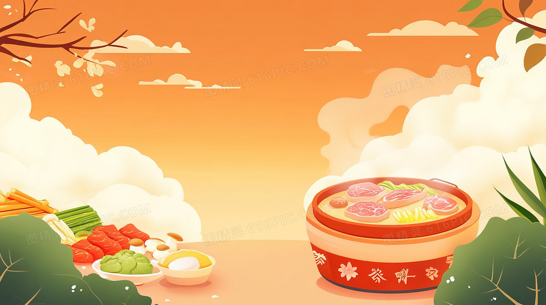 插画风火锅美食背景