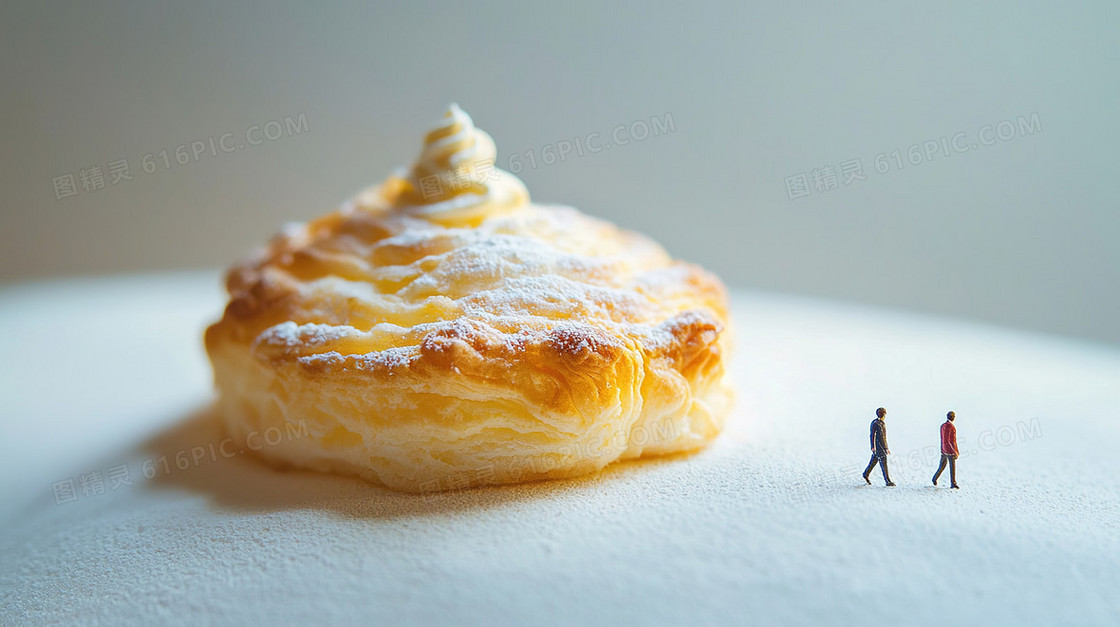 美食面包旁行走的微缩人物背景