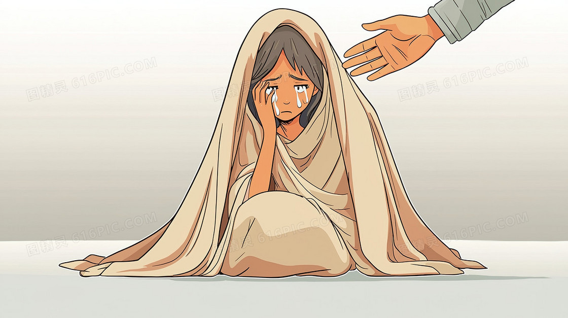 生病发冷难受裹被子的女孩背景