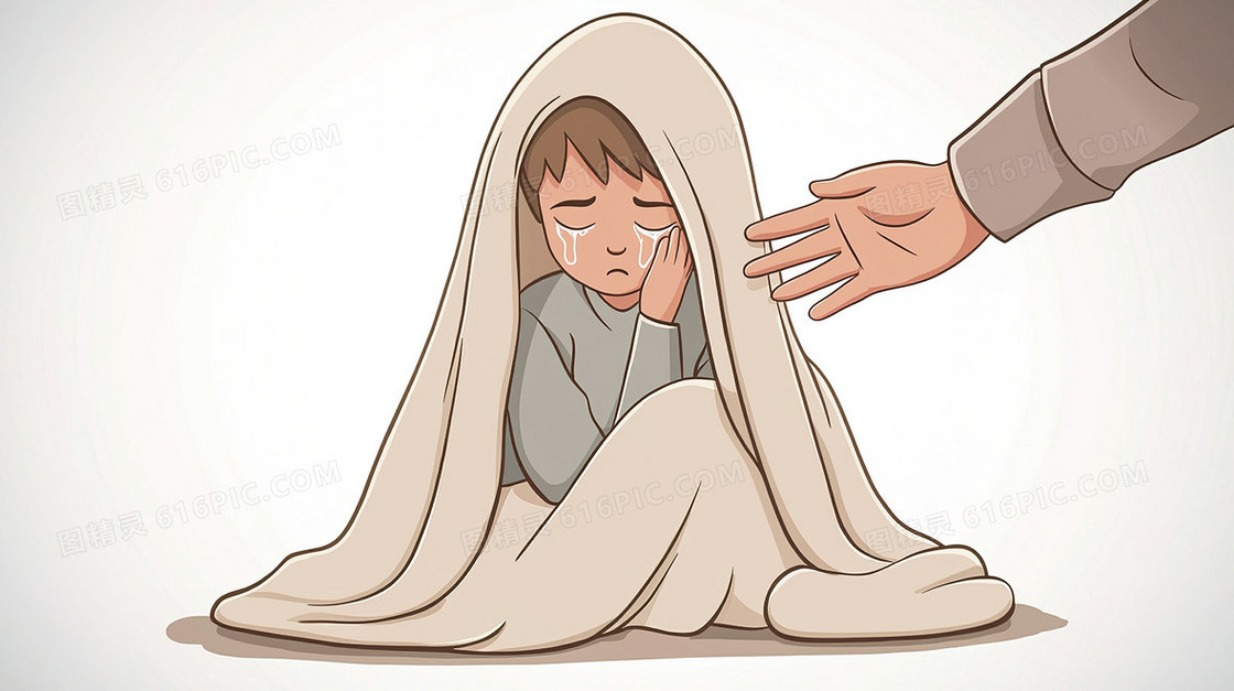 生病发冷难受裹被子的男孩背景