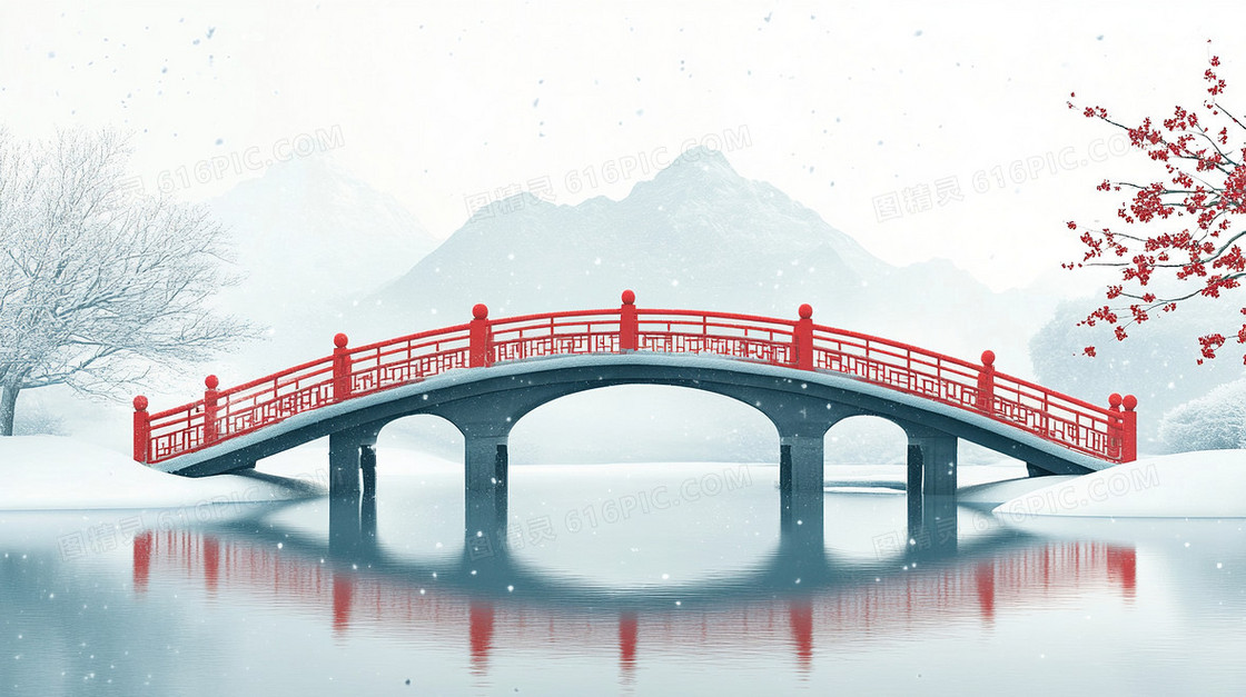 冬天湖面拱桥古风背景